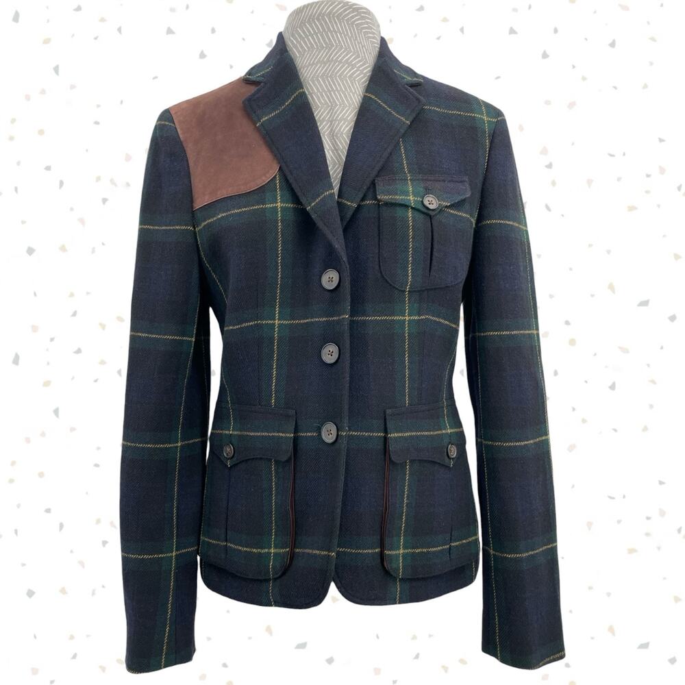 Ralph Lauren Blue Label Tartan Wool Blazer Green Plaid Hunting Jacket Patch 8
